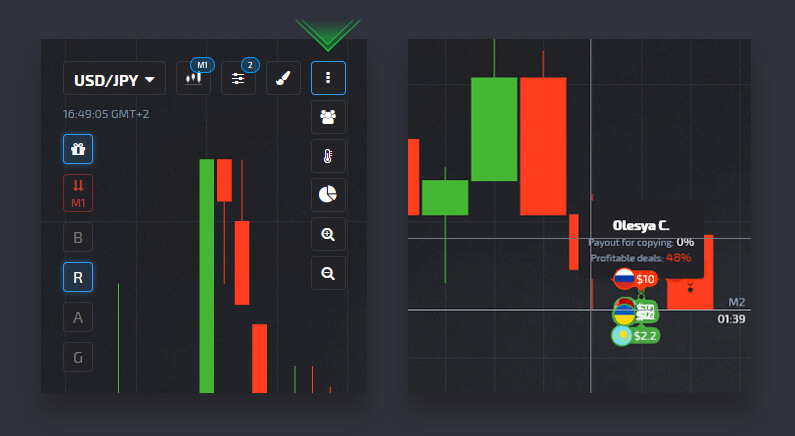 Pocket Optionपर सेटिंग का उपयोग करते हुए गाइड - चार्ट से अन्य उपयोगकर्ताओं के ट्रेडों की प्रतिलिपि बनाएँ
